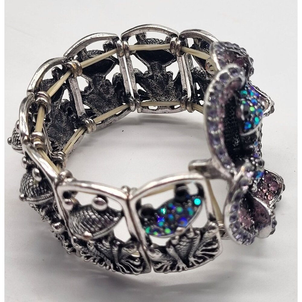 YUHONG Rhinestone Stretch Silver Tone Bracelet FROG Whimsical Bling Fairy Flower - Picture 5 of 12